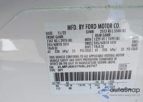 2022 Lincoln Nautilus Reserve z USA, uszkodzony, nr VIN 2LMPJ6K97NBL20707